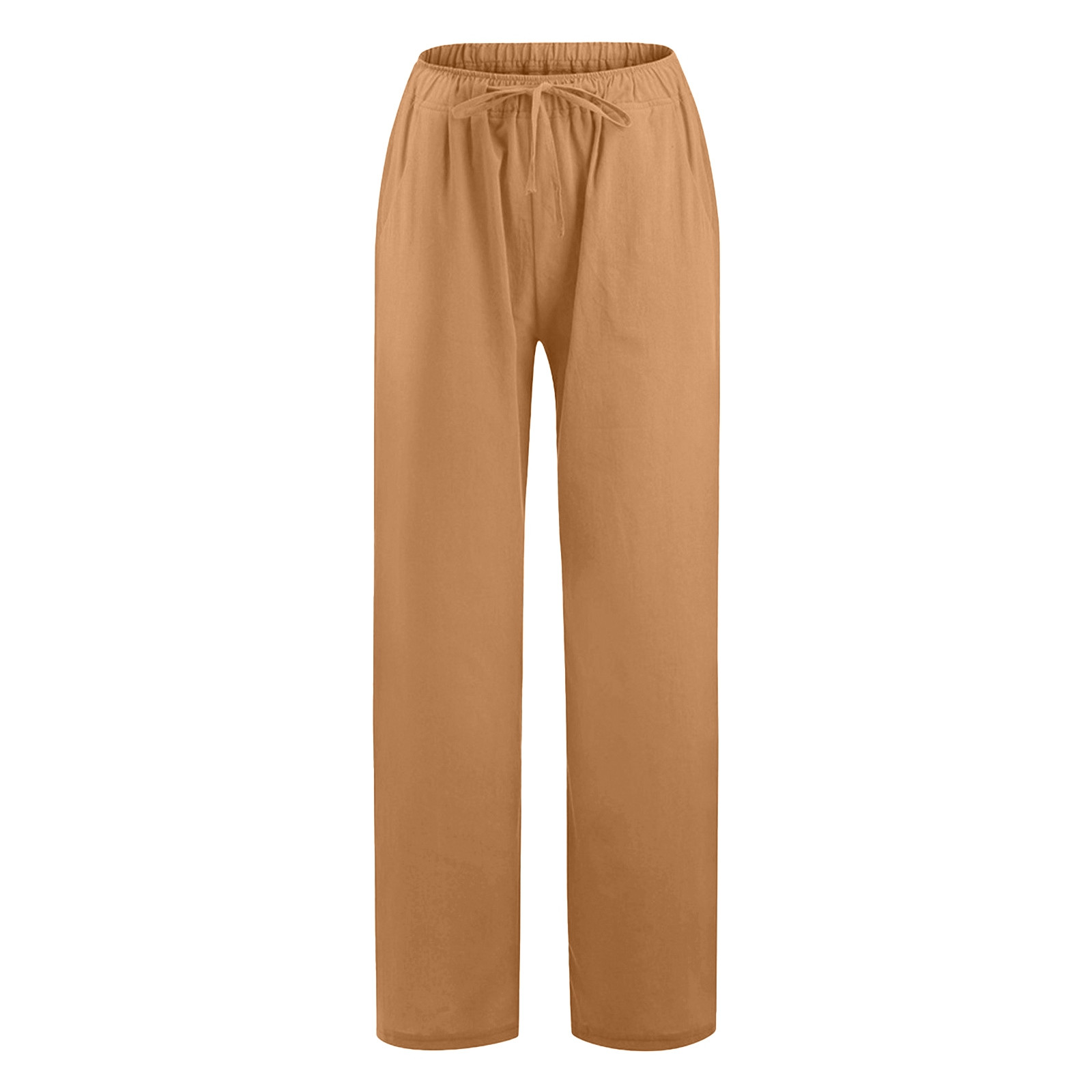 thumbnail image 5 of Pantalones casuales de lino con cintura ancha y cordón largo para mujer - Pantalones elásticos de cintura alta y pierna ancha en color liso, 5 of 5